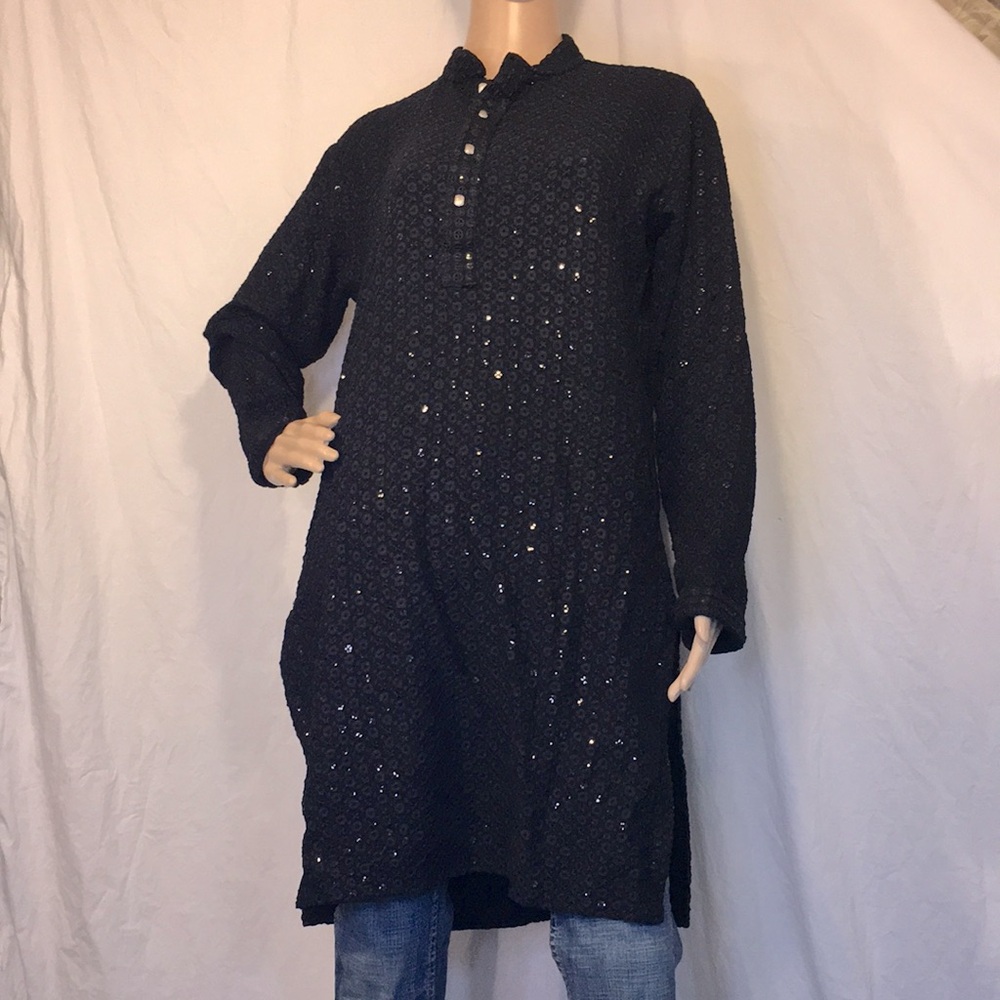 Men's Black Embroidered, Sequined Kurta by Jompers, Sz XL